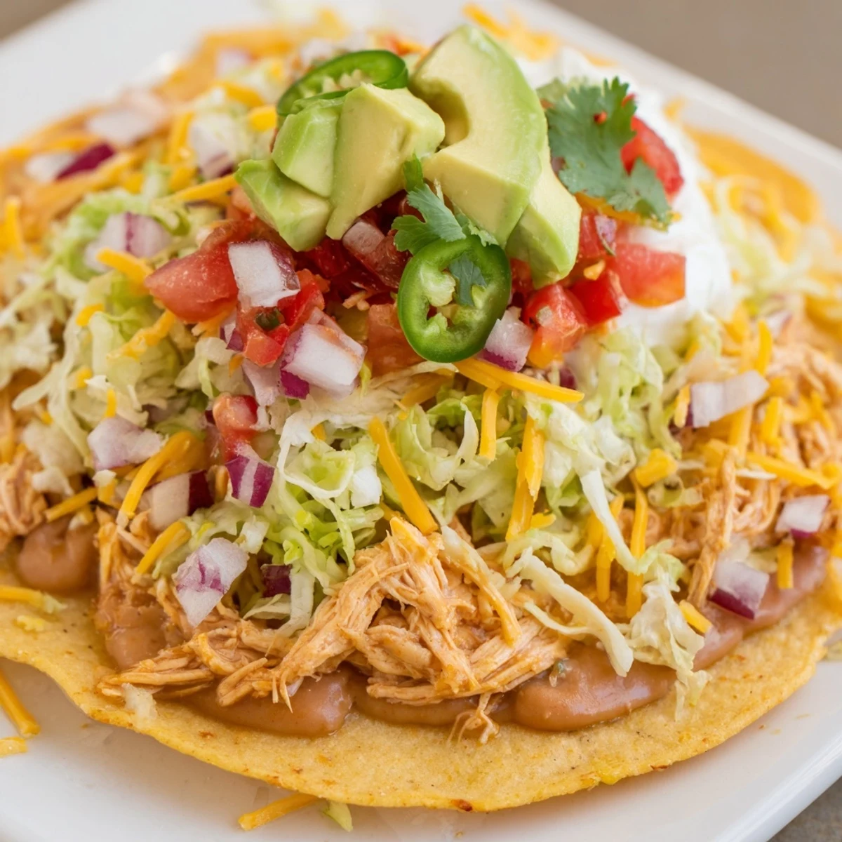 Vibrant chicken tostadas piled high with lettuce, tomatoes, and savory seasoned meat.  