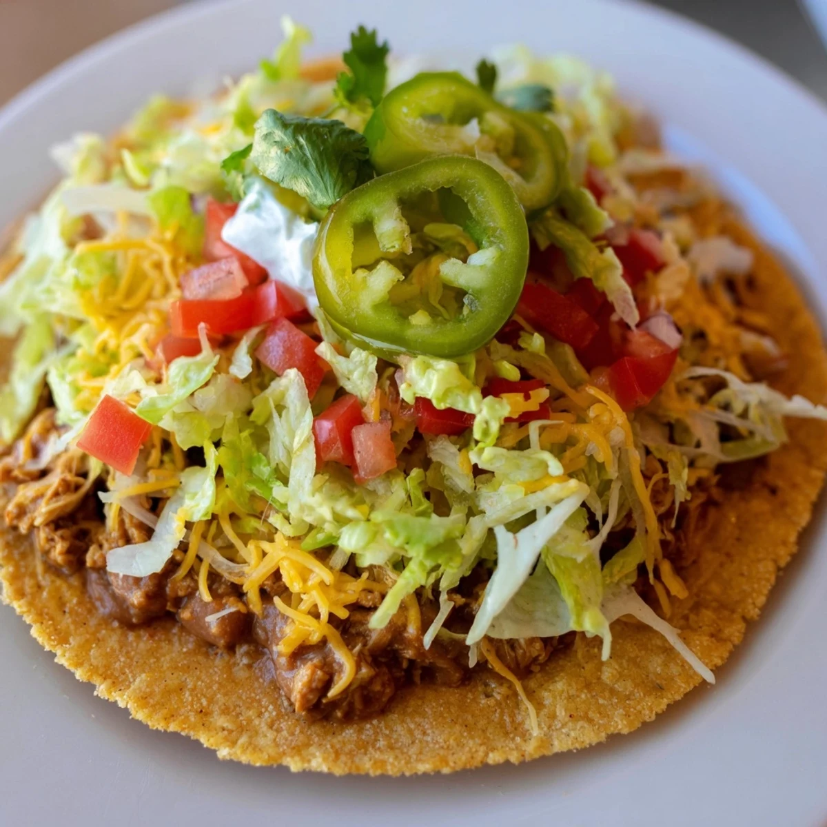 Homemade chicken tostadas featuring crunchy shells, shredded chicken, and zesty lime wedges.