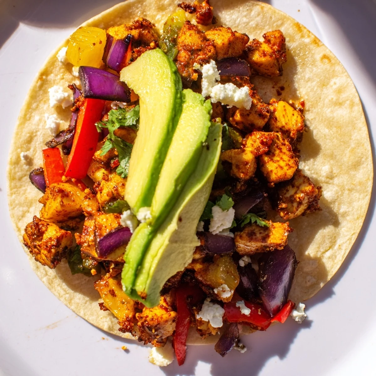 Spicy chicken and caramelized pineapple filling warm tortillas for a tropical dinner.  