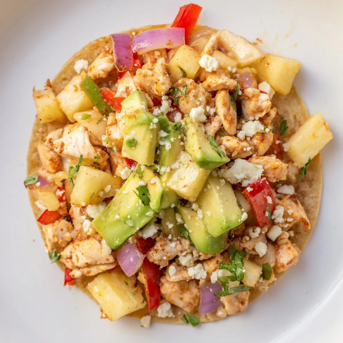 Colorful chicken pineapple taco mixture topped with fresh cilantro and lime wedges.