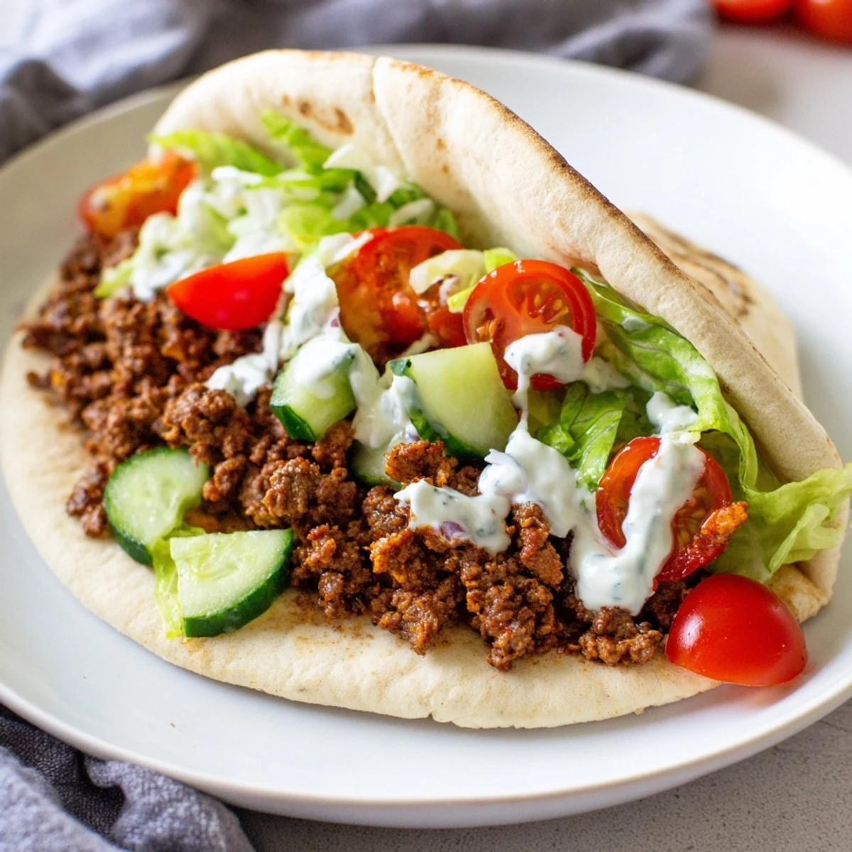 Golden Mediterranean ground beef pita pockets stuffed with fresh veggies and tangy yogurt sauce.  