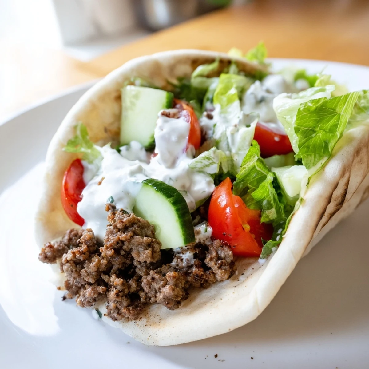 Warm pita filled with spiced Mediterranean ground beef, crisp lettuce, and creamy garlic yogurt drizzle.  