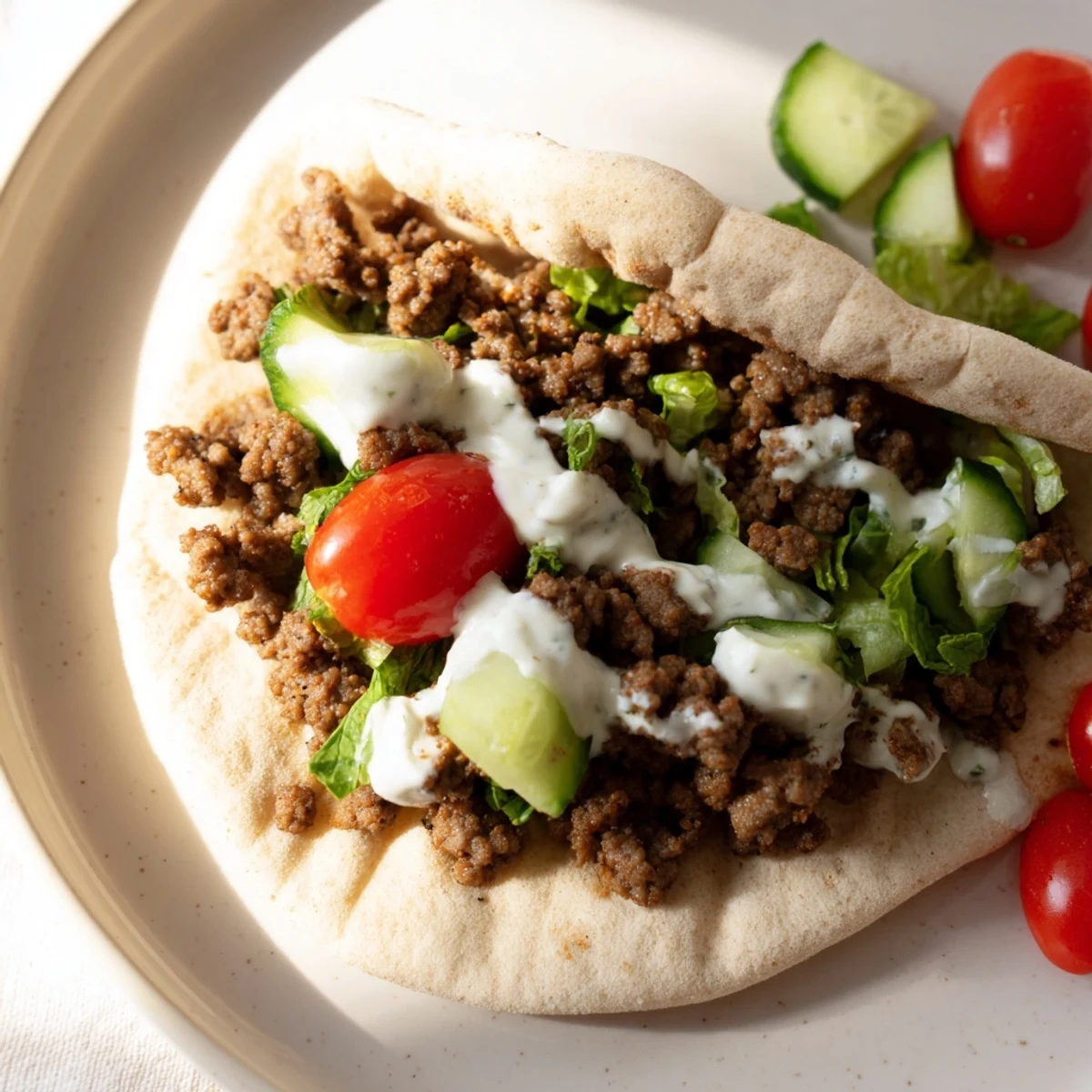 Delicious Mediterranean ground beef pita pockets layered with tomatoes, cucumbers, and rich Greek yogurt sauce.