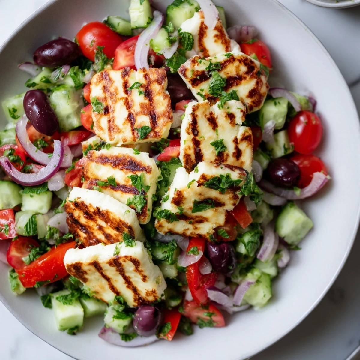 Golden grilled halloumi served atop a fresh Mediterranean salad with cherry tomatoes.
