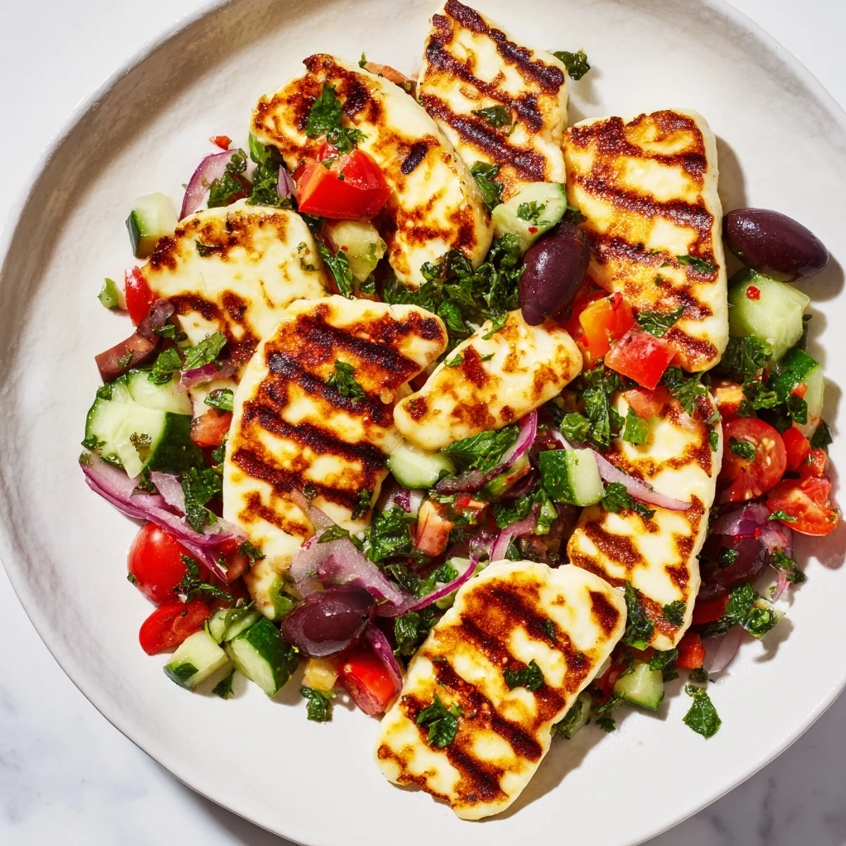 Slices of warm halloumi paired with crisp vegetables and herbs for summer.