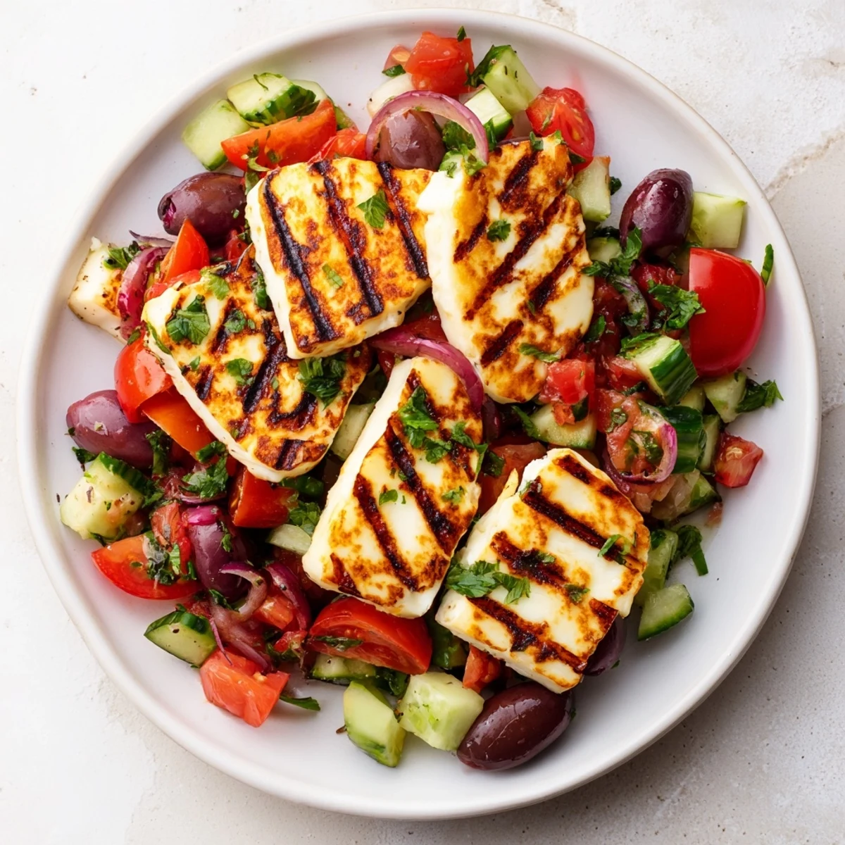 A colorful plate featuring grilled halloumi cheese and a vibrant Mediterranean vegetable salad.
