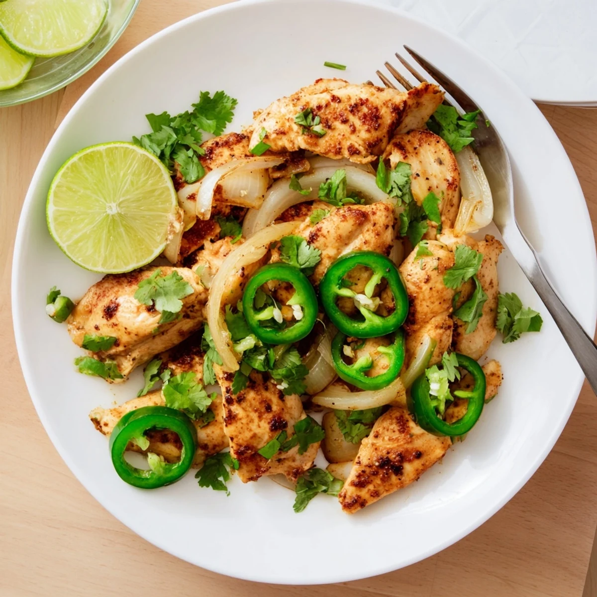 Golden chicken breasts sizzling with sliced jalapeños in a spicy jalapeno chicken recipe garnished with fresh cilantro and lime wedges.  