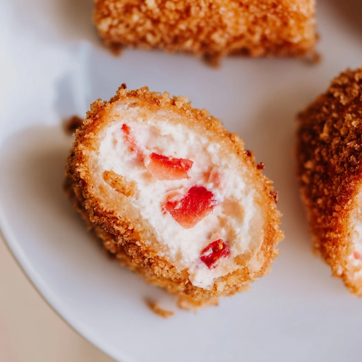 Golden Strawberry Cream Cheese Roll Ups served warm with cinnamon sugar coating.  