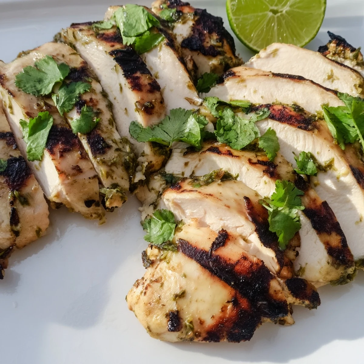 Grilled Cilantro Lime Chicken topped with fresh herbs and lime wedges.
