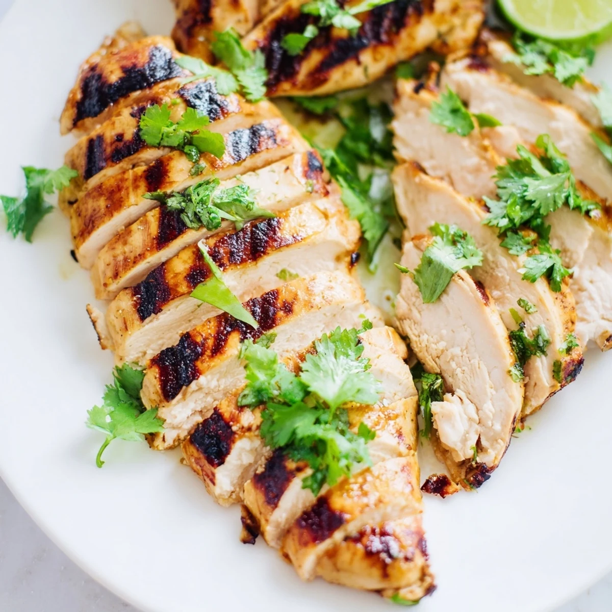 Zesty Cilantro Lime Chicken breast slices garnished with extra cilantro leaves.