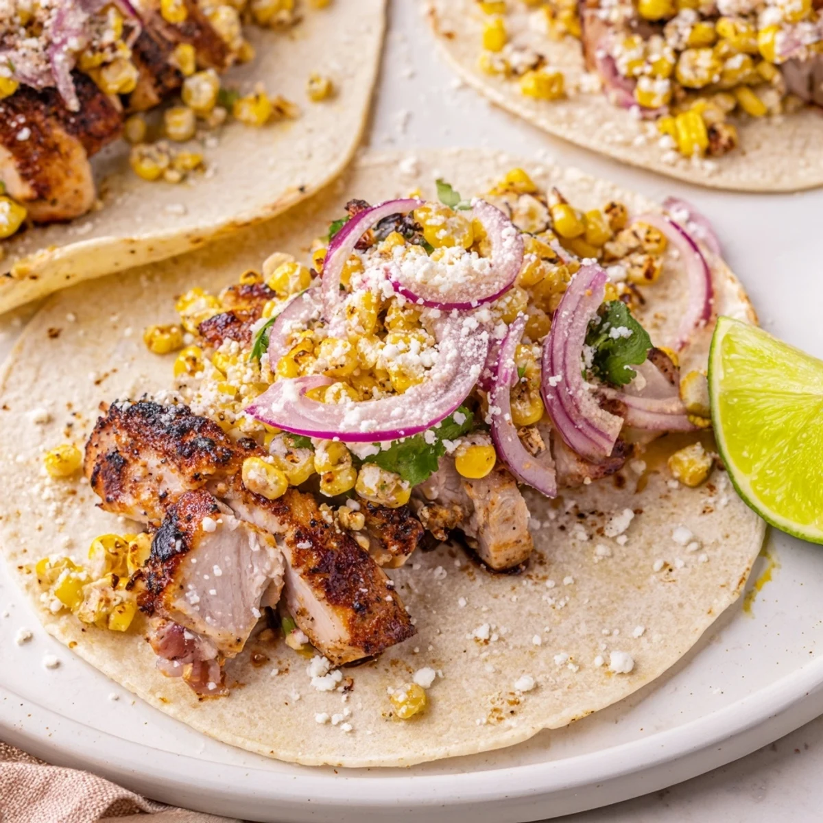 Crazy good street corn chicken tacos topped with creamy corn and fresh cilantro.