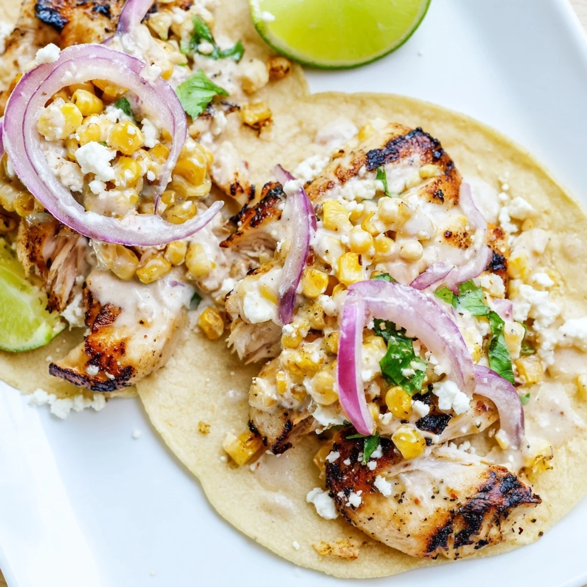 Grilled chicken tacos topped with zesty street corn and crumbled cotija cheese.