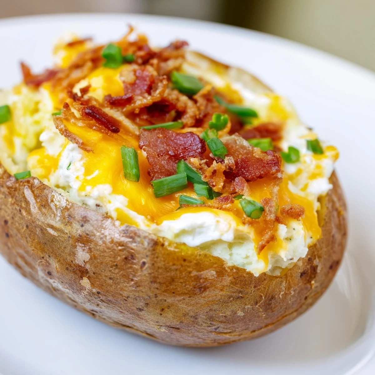 Golden Jalapeno Popper Twice Baked Potatoes topped with melted cheddar and crispy bacon bits.  