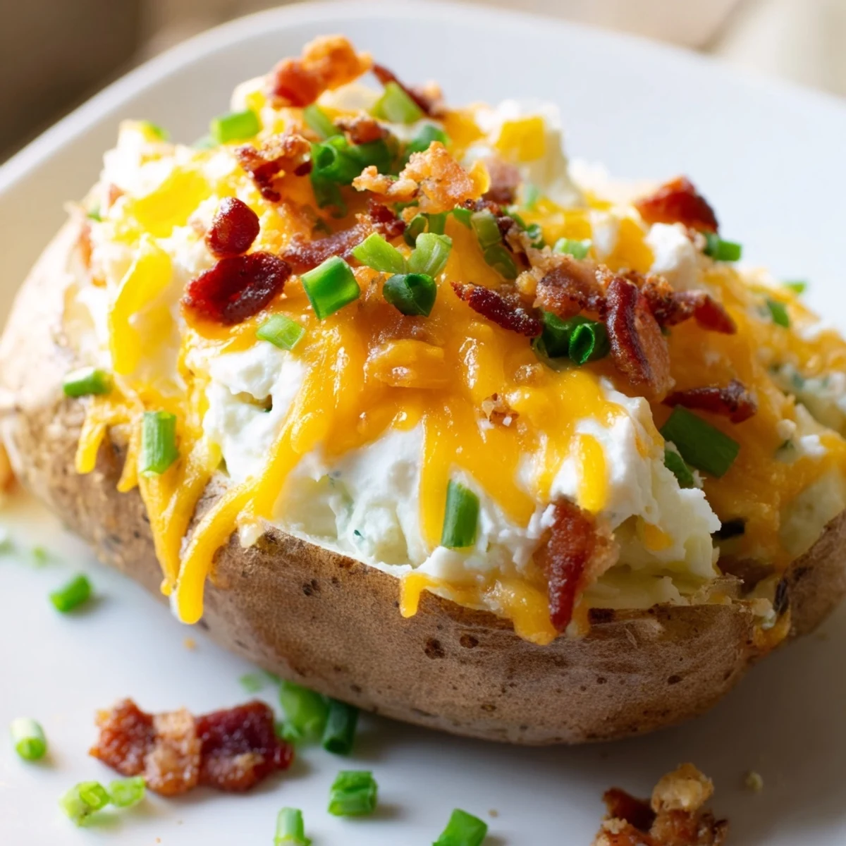 Creamy, spicy Jalapeno Popper Twice Baked Potatoes garnished with fresh jalapeno slices and chives.  