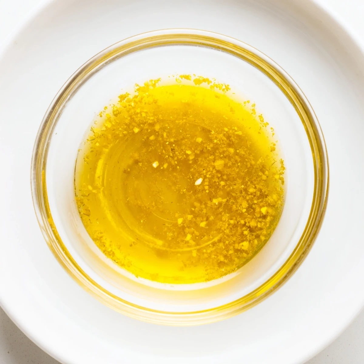 Close-up of lemon vinaigrette dressing recipe with olive oil and lemon zest.  
