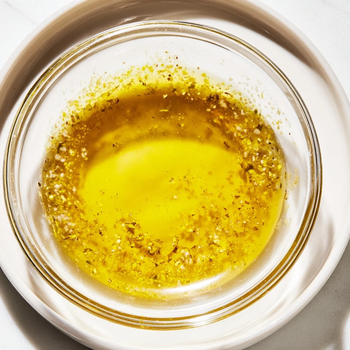 Small bowl of lemon vinaigrette dressing recipe whisked until smooth and emulsified.