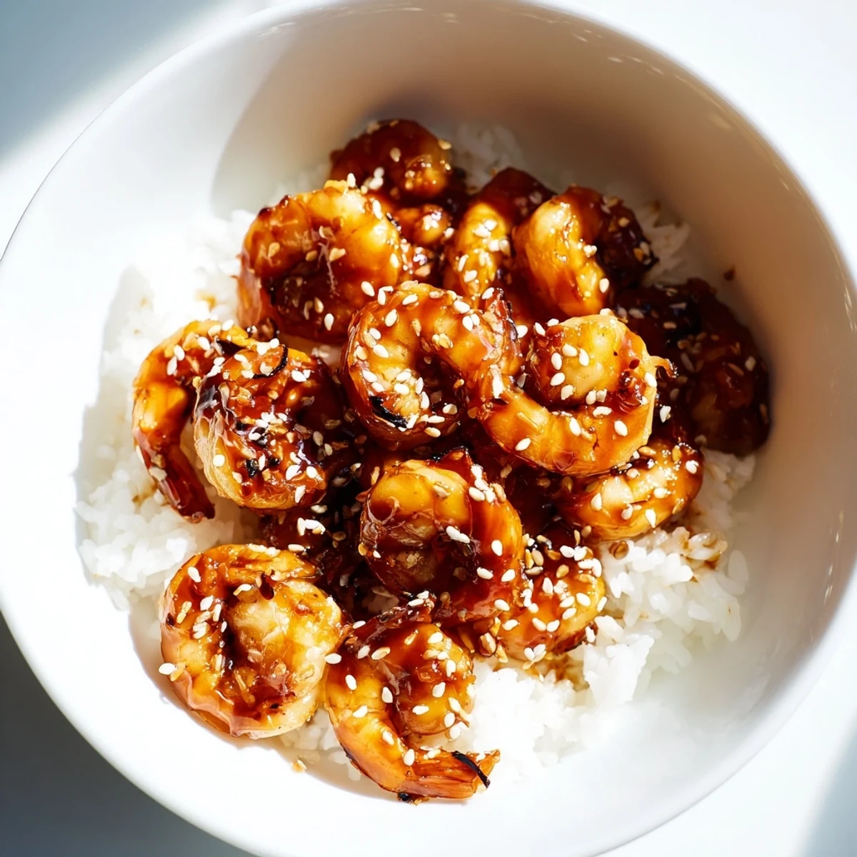 Succulent teriyaki shrimp glazed in sauce over fluffy rice with crisp vegetables  