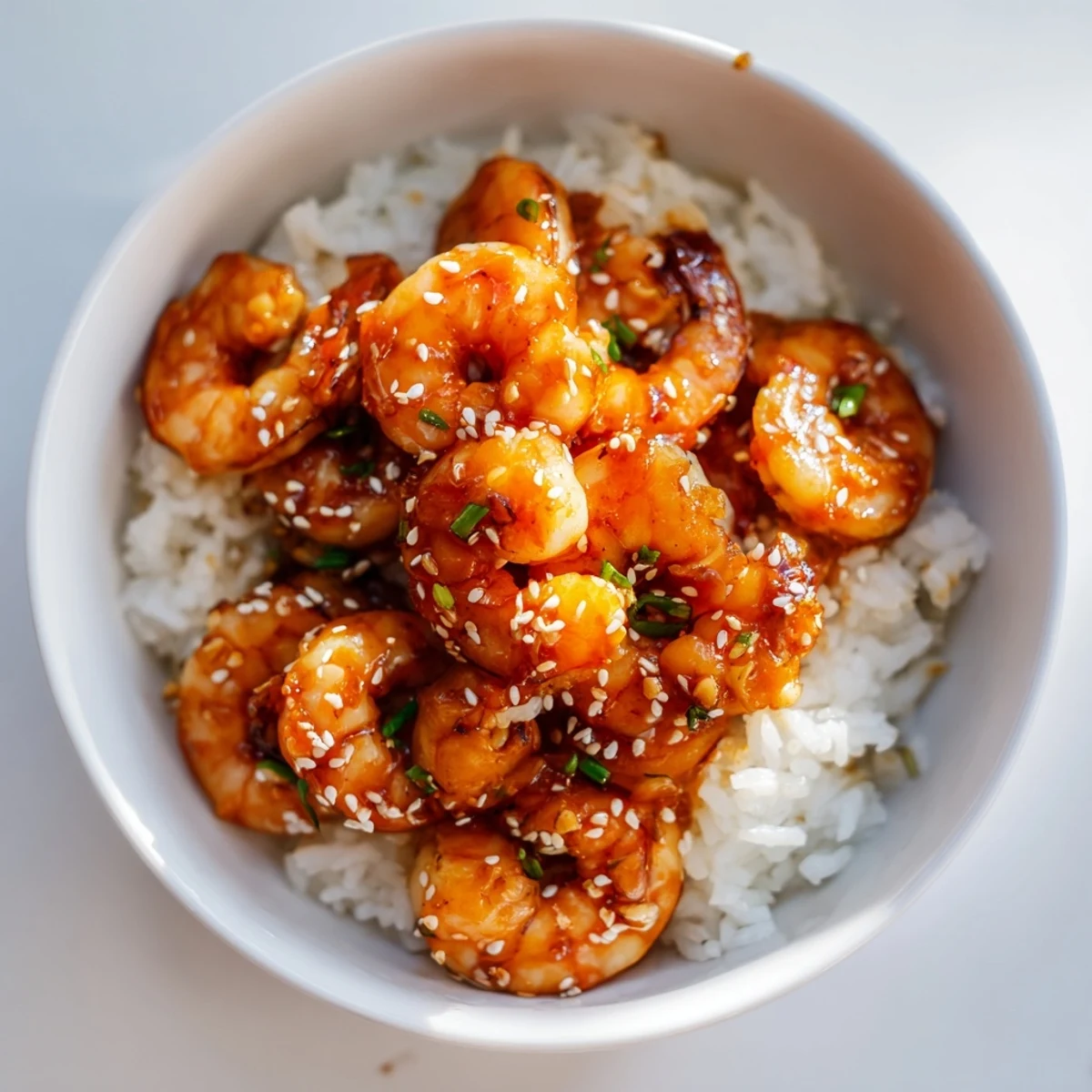 Golden teriyaki shrimp served over jasmine rice with edamame and carrot strips