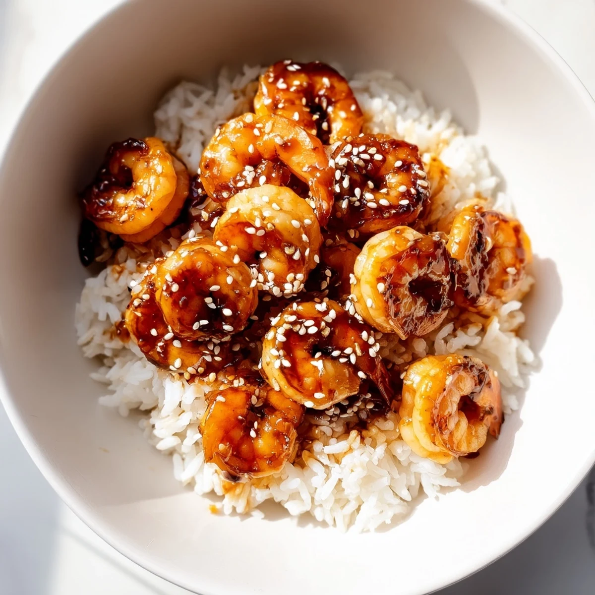 Vibrant teriyaki shrimp rice bowl topped with sesame seeds and fresh veggies  