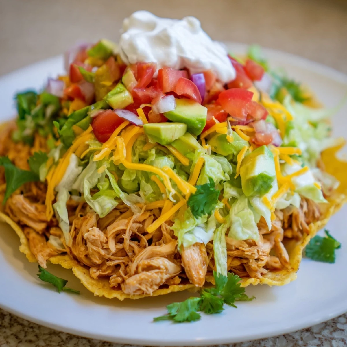 Crispy corn tortillas loaded with spiced chicken, cheese, and vibrant Mexican toppings.  