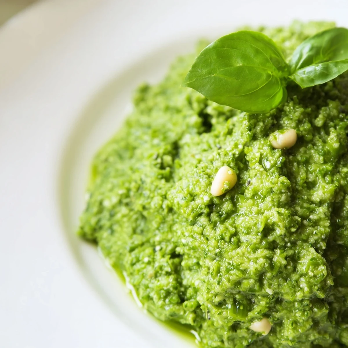 Vibrant garlic scape pesto spooned over pasta with fresh basil leaves.  