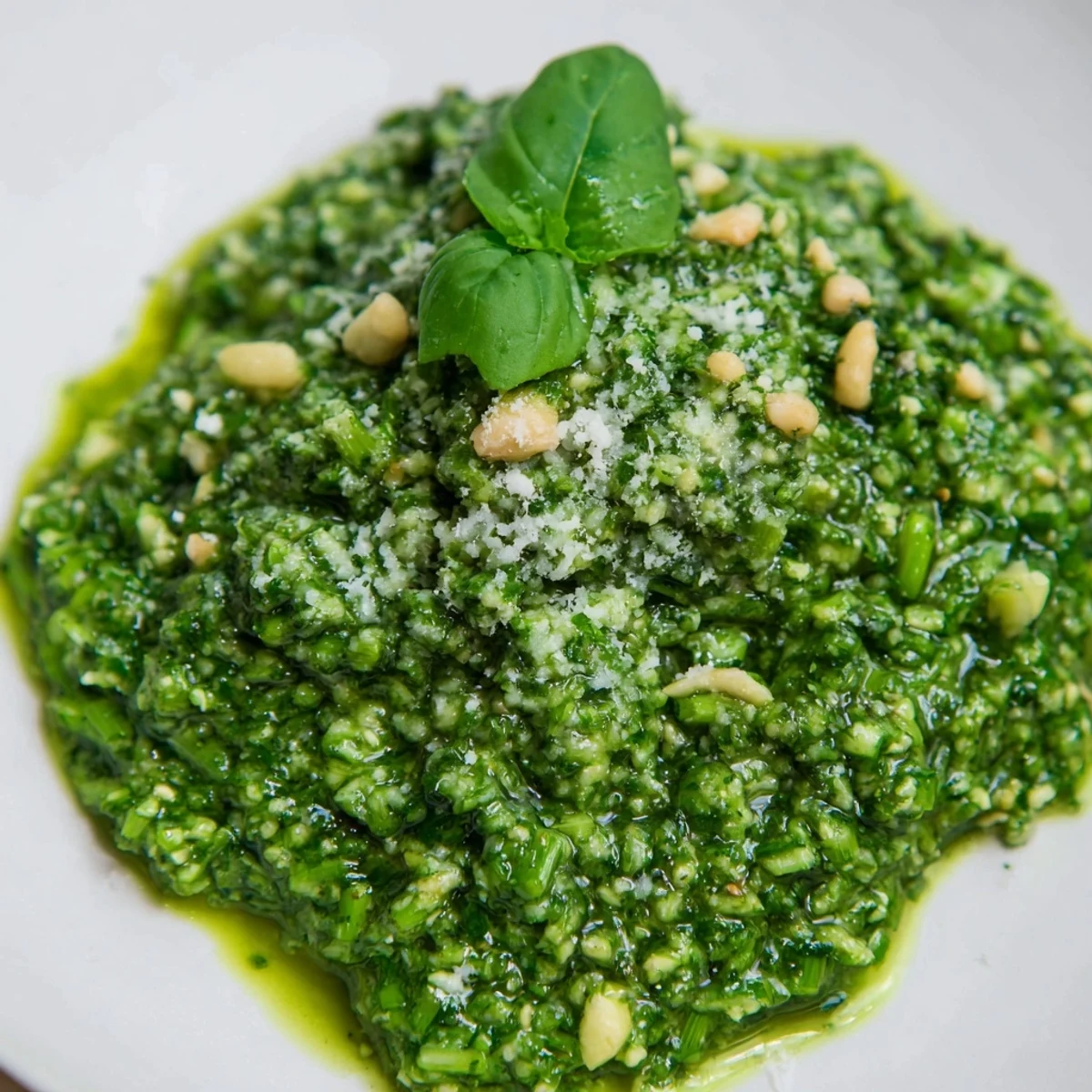 Smooth homemade garlic scape pesto in a jar ready for serving.