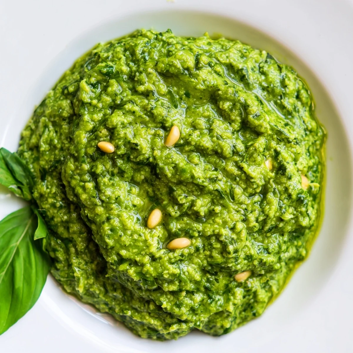 Creamy garlic scape pesto spread on toasted bread for a tasty appetizer.  