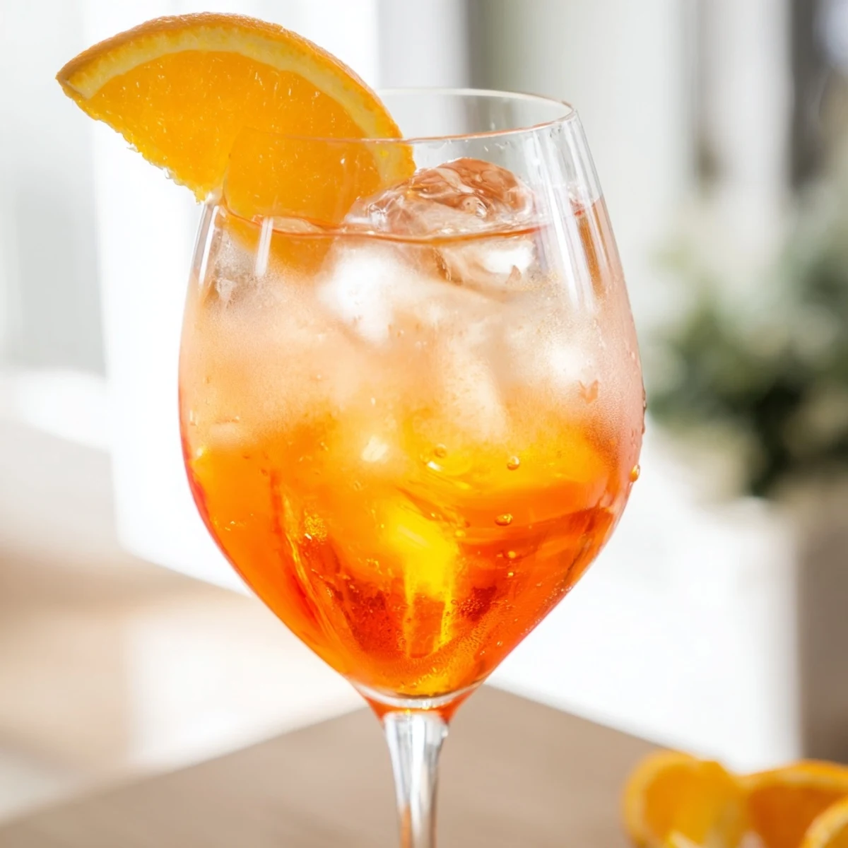 Golden Spritz aperitif garnished with an orange slice and green olive on a cocktail pick.