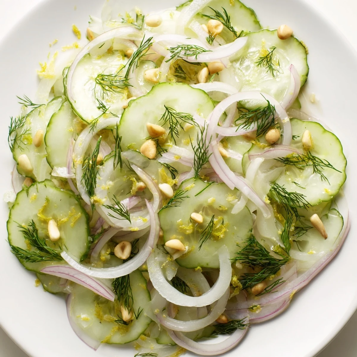 Vibrant bowl of crisp fennel cucumber salad garnished with lemon zest.  