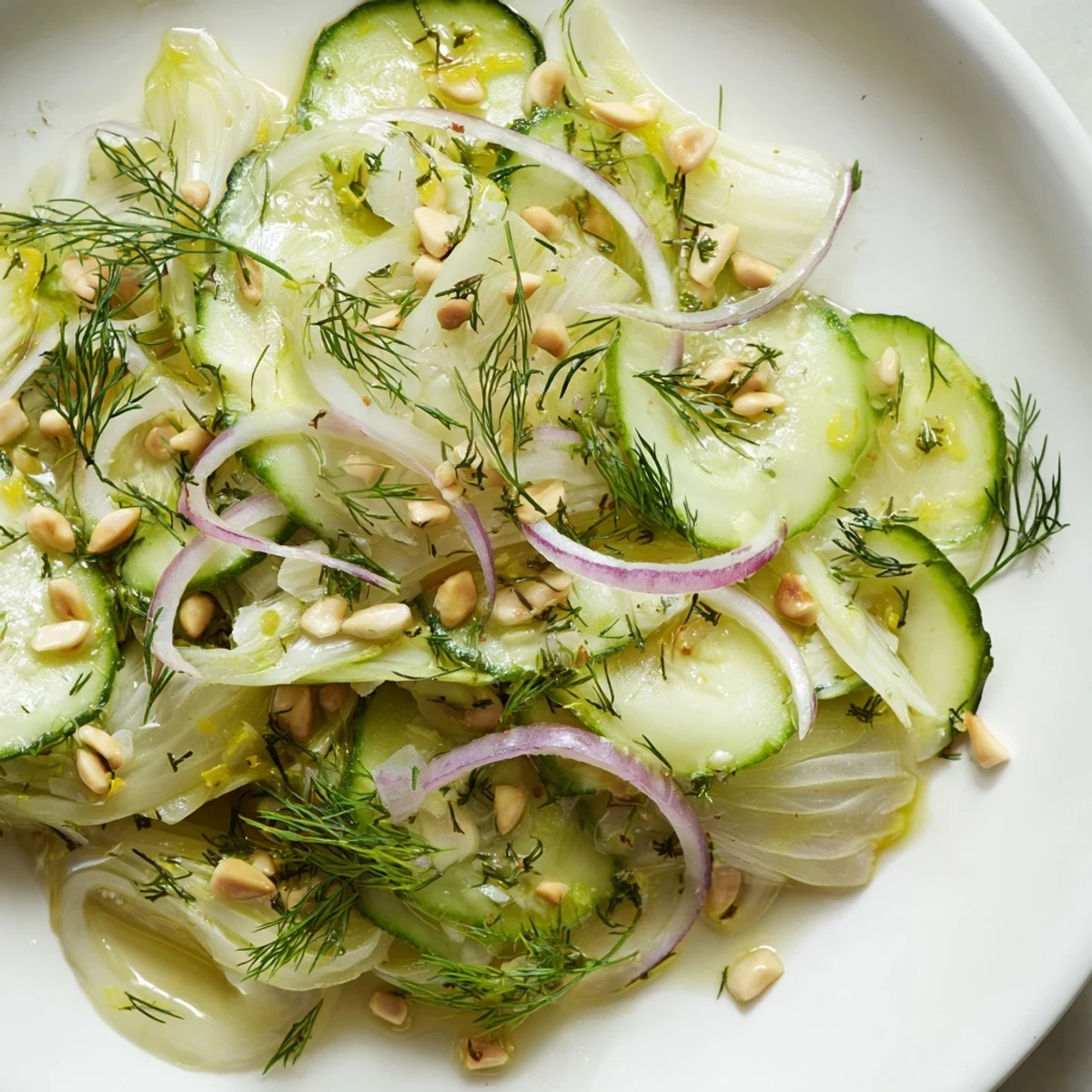 Thinly sliced crisp fennel cucumber salad with citrus dressing and dill.  