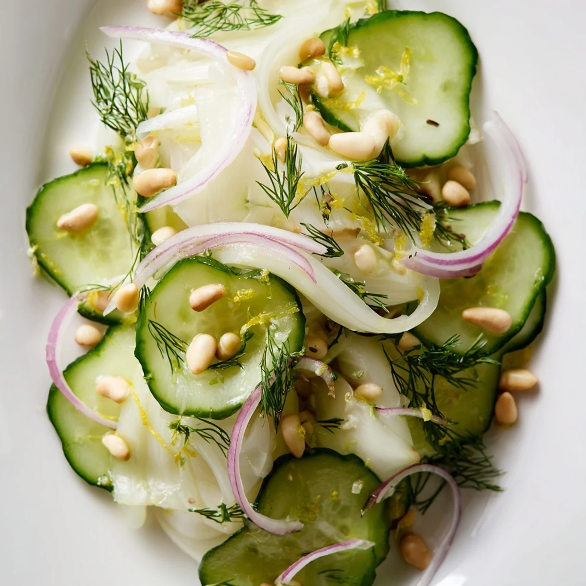 Refreshing crisp fennel cucumber salad served with toasted pine nuts for crunch.