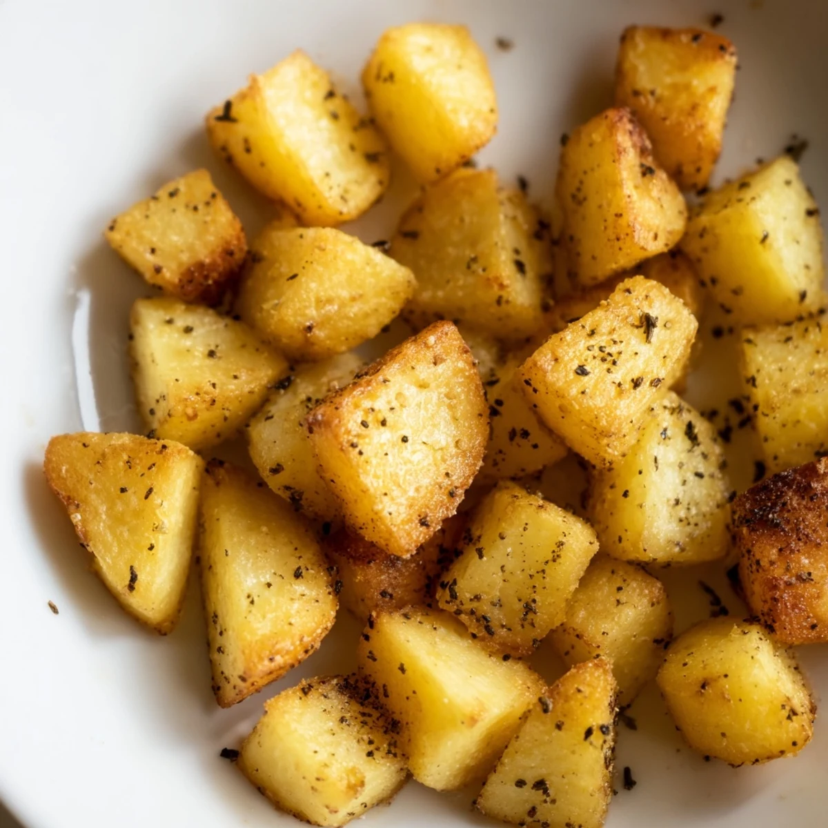 Golden crispy roasted potatoes served on a white plate with herbs  