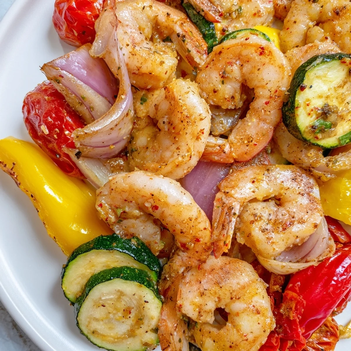 Golden sheet pan garlic butter shrimp roasted with colorful vegetables for easy dinner.