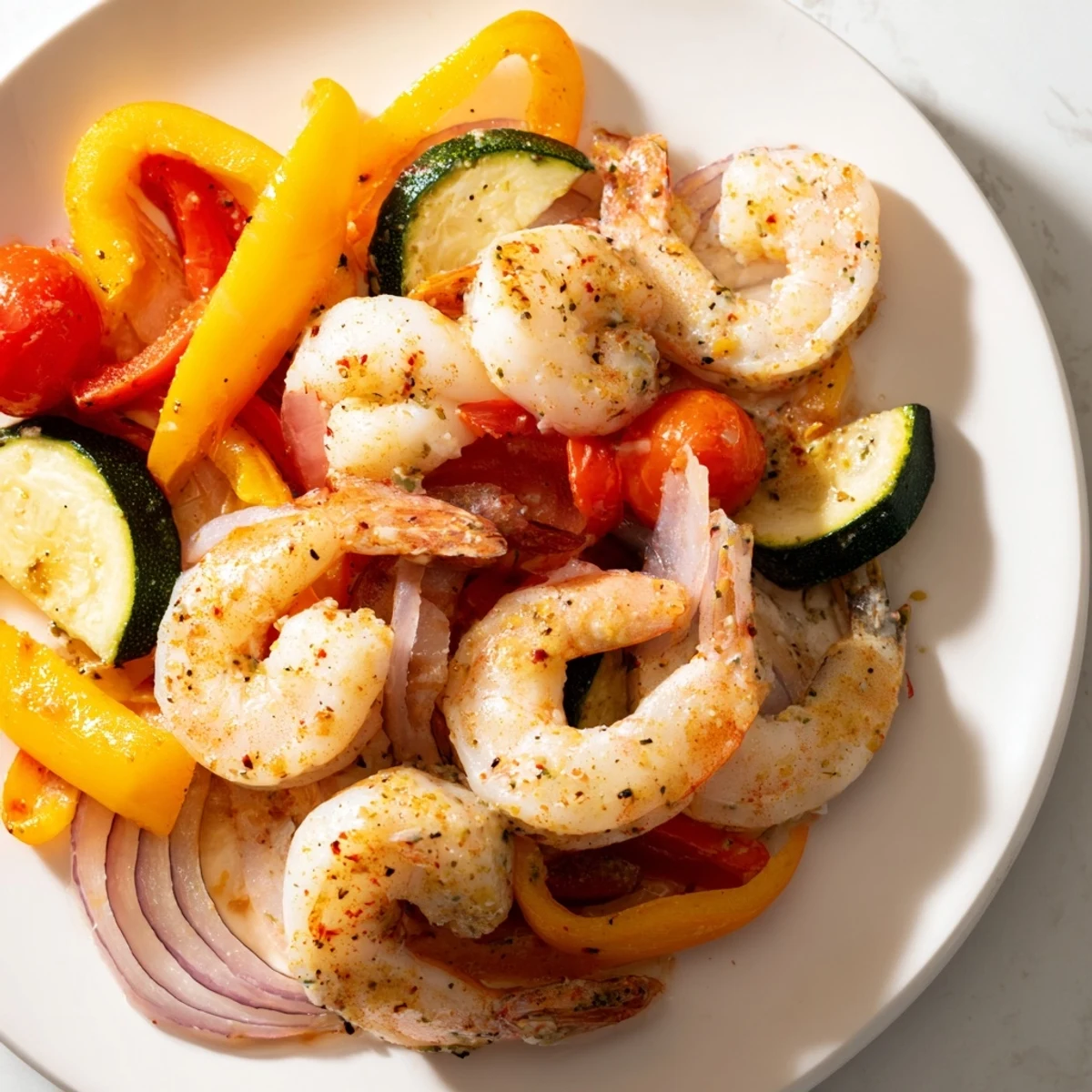 Savory sheet pan garlic butter shrimp dish garnished with fresh lemon and parsley.