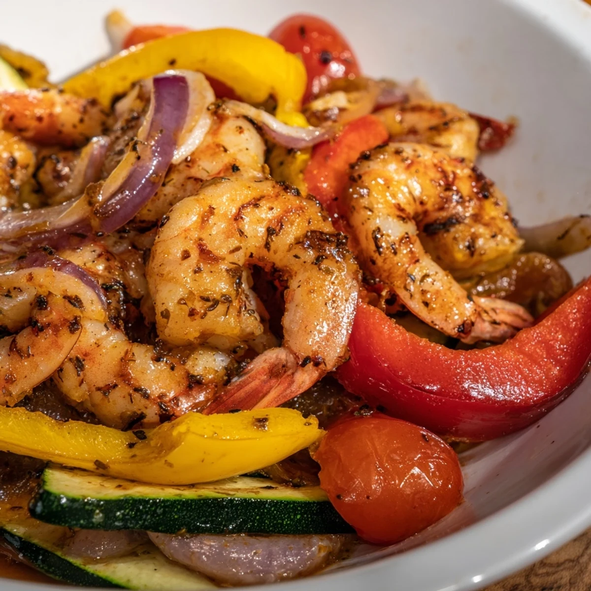 Tender garlic butter shrimp with zucchini and peppers on a rustic baking sheet.