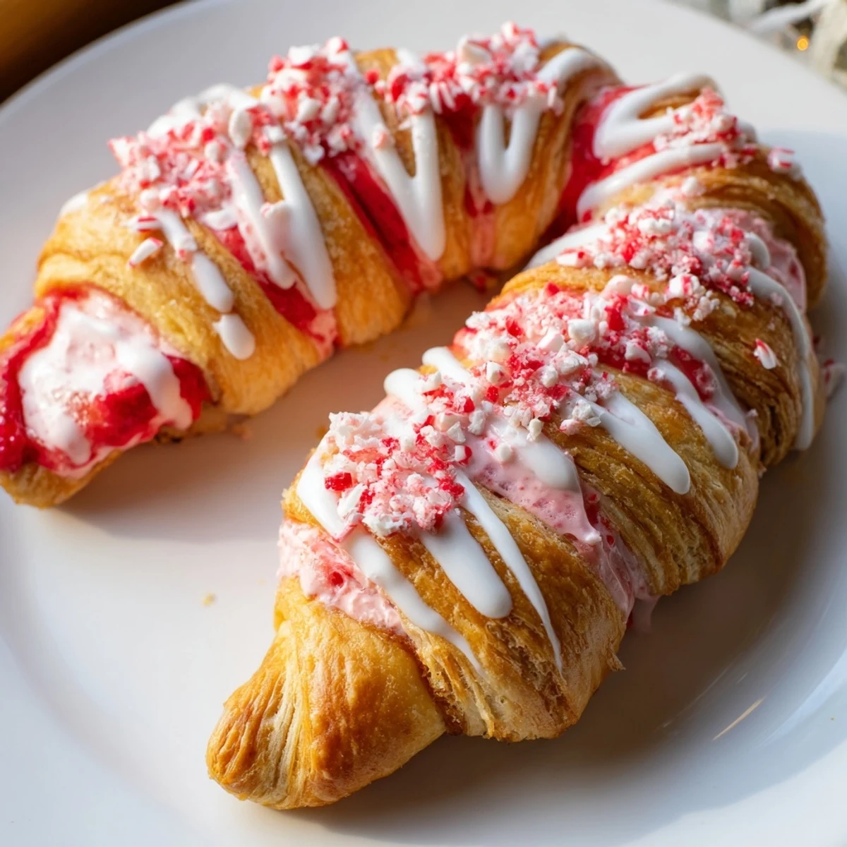 Golden Candy Cane Crescent pastry drizzled with sweet icing and peppermint bits.  