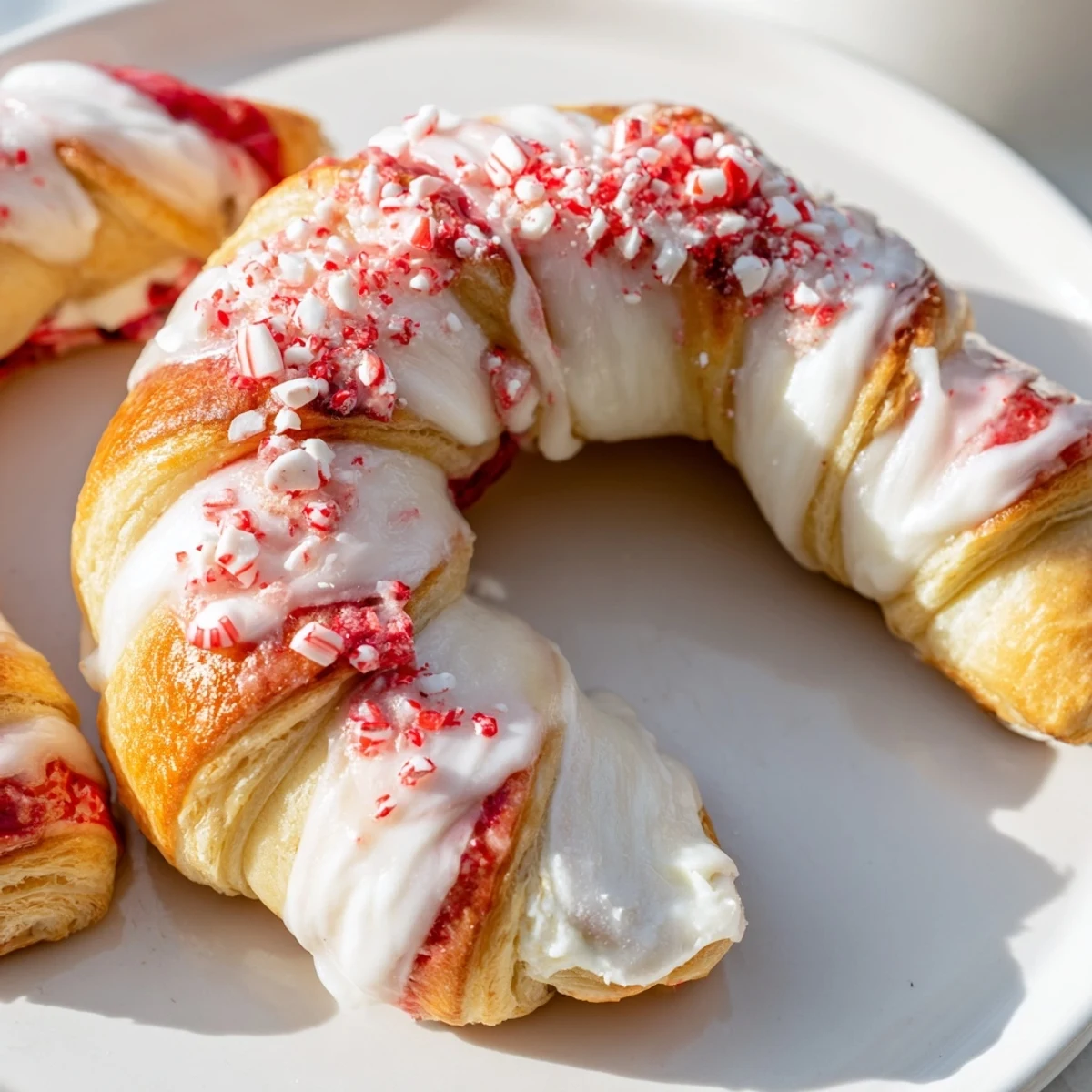Festive Candy Cane Crescent filled with cream cheese and strawberry jam glaze.  