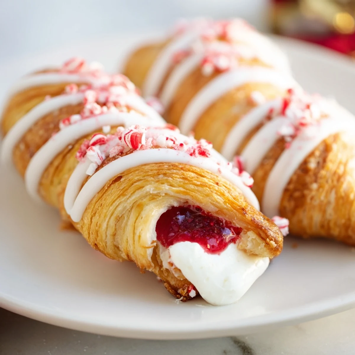 Warm Candy Cane Crescent topped with powdered sugar and crushed candy canes.