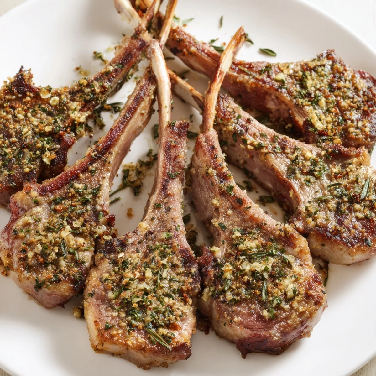 Golden herb garlic lamb chops seared to juicy perfection on a white plate  