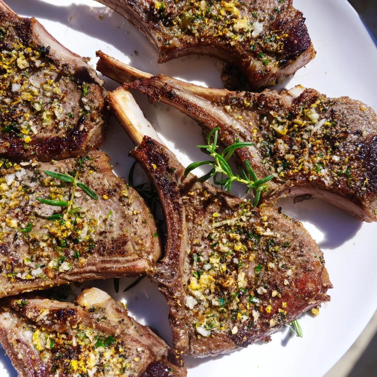 Tender Mediterranean lamb chops with fresh garlic and herbs resting before serving  