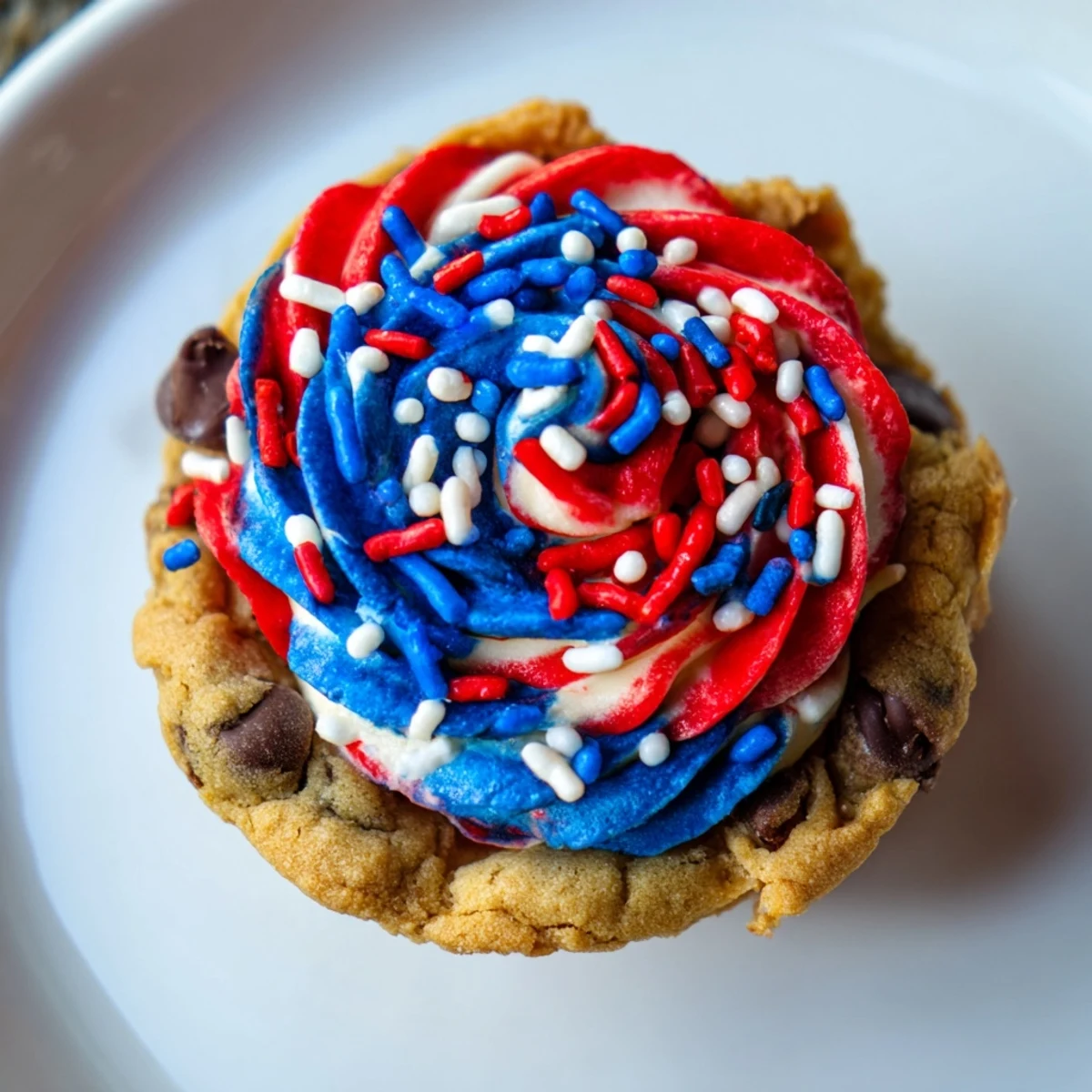 Festive Patriotic Chocolate Chip Cookie Cups topped with red, white, and blue frosting.