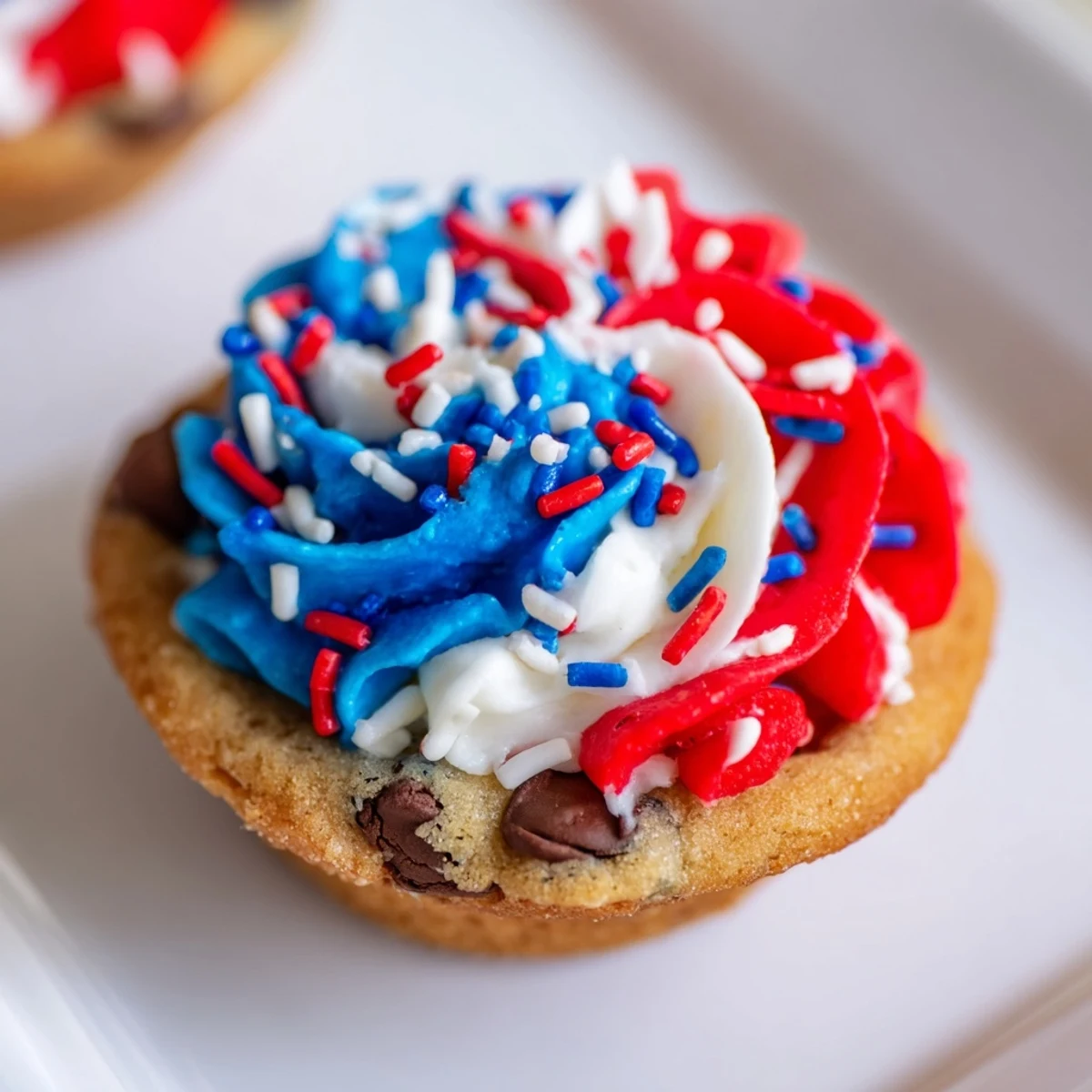 Golden Patriotic Chocolate Chip Cookie Cups decorated with sweet whipped frosting.