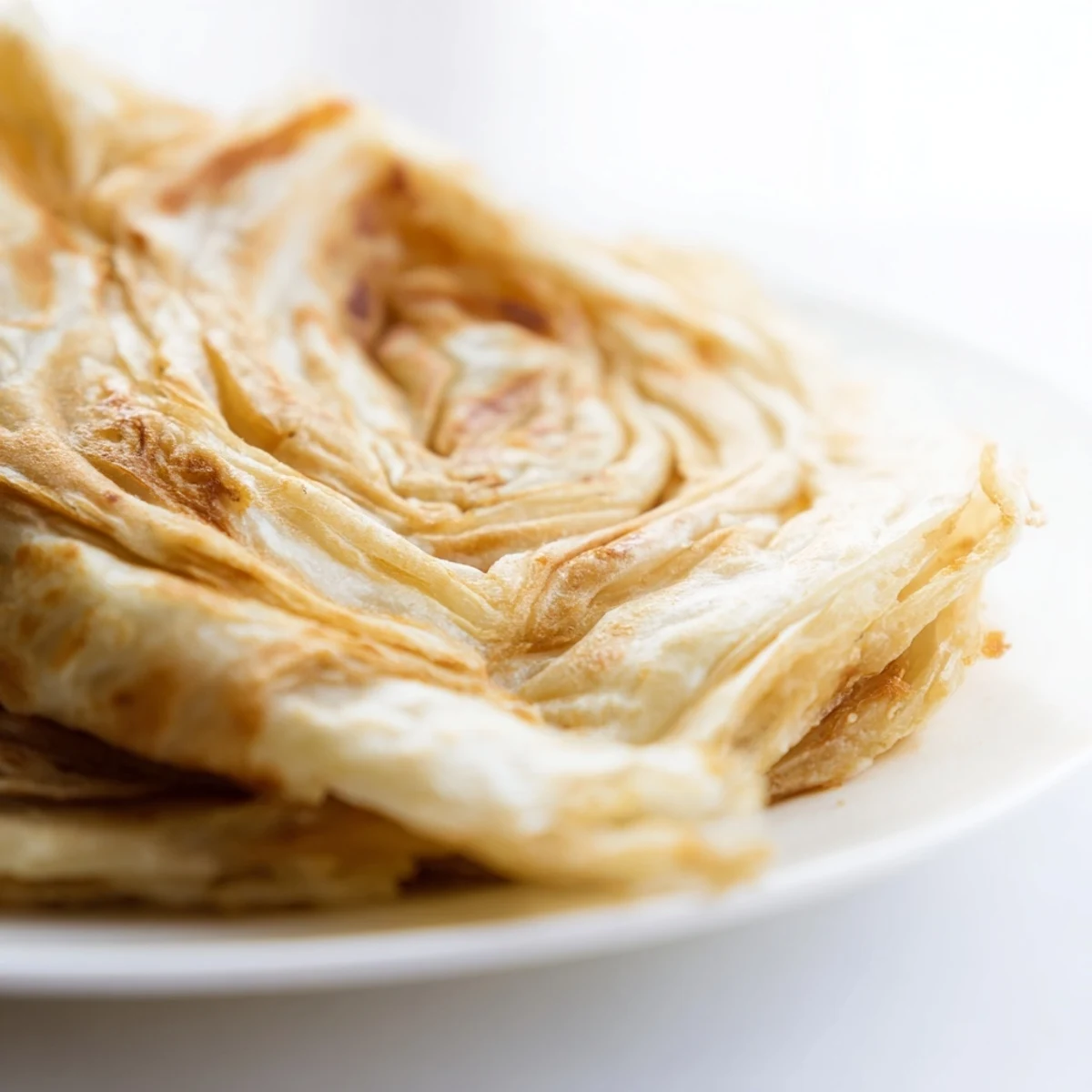 Golden brown flaky Roti Canai with visible layers and buttery crisp texture  