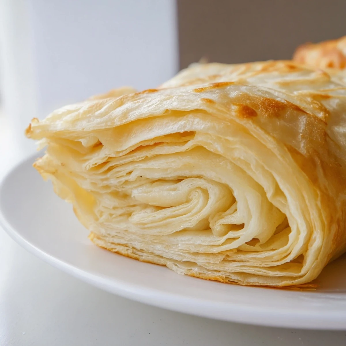 Fluffy layers of Roti Canai brushed with ghee and ready for dipping