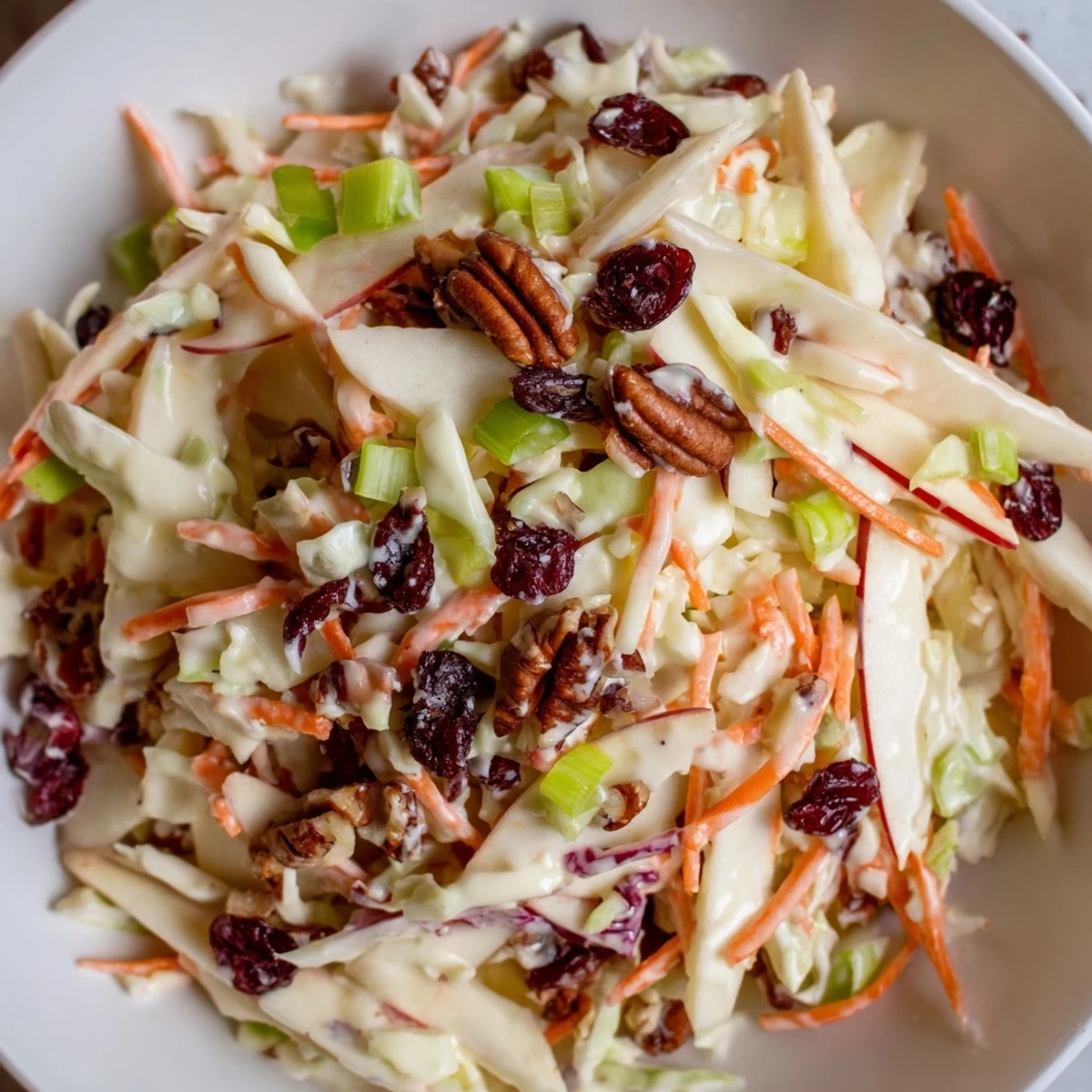 Creamy Cranberry Apple Coleslaw served in a bowl with walnuts and green onions.  