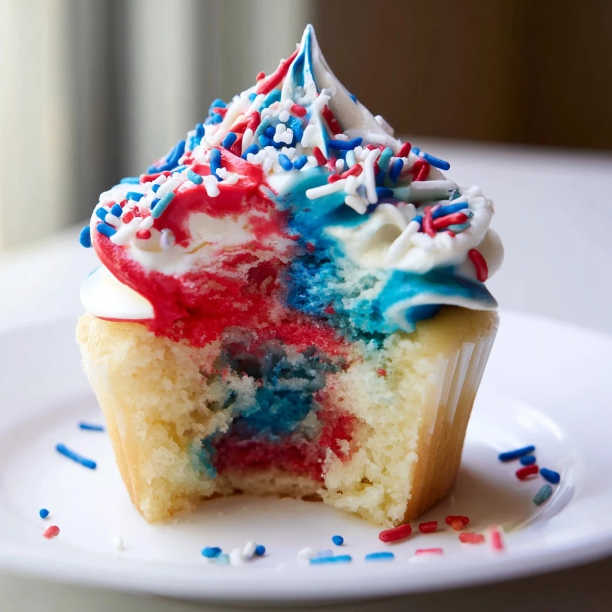 Festive Independence Day tie dye cupcakes featuring red white and blue tie dye design.