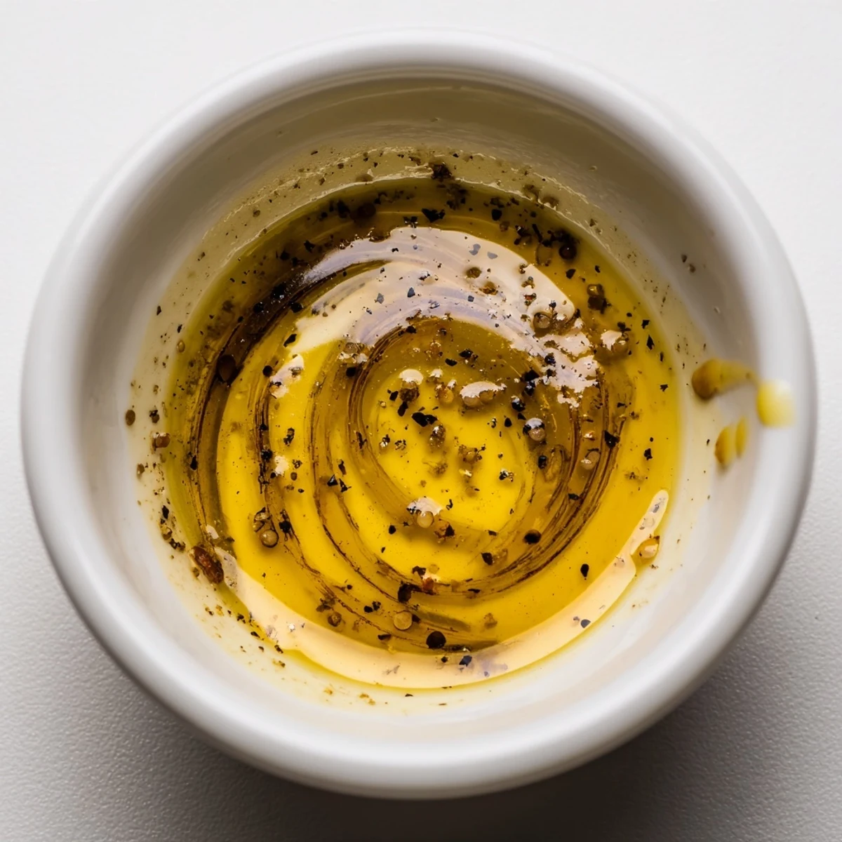 Golden honey vinaigrette drizzled over fresh mixed greens in a bowl.  