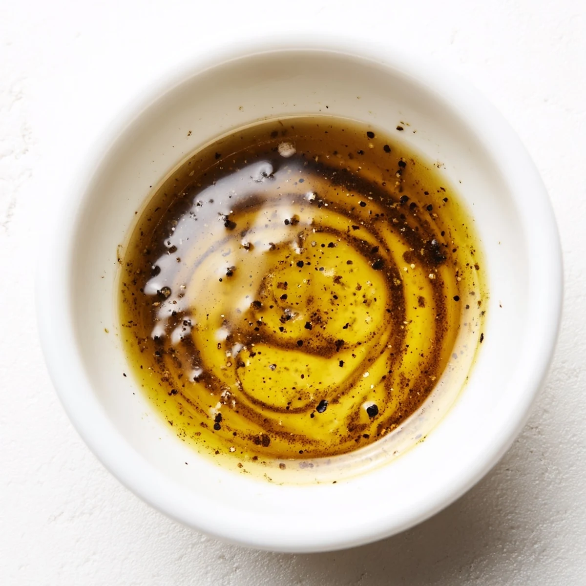 Tangy honey vinaigrette poured over roasted vegetables on a white serving platter.