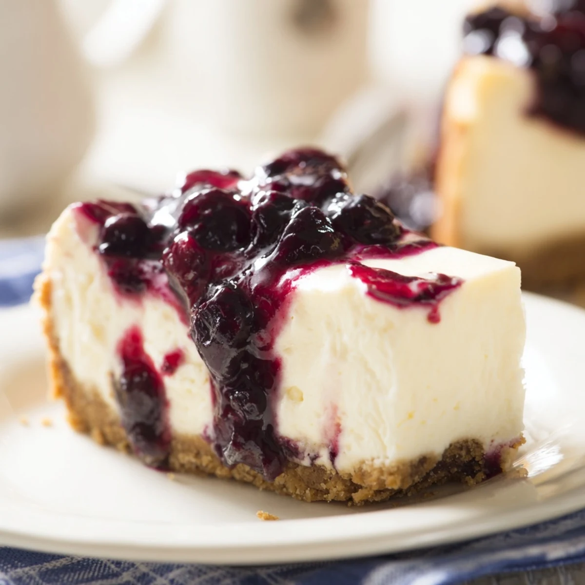 Creamy blueberry cheesecake recipe with graham cracker crust topped with sweet blueberry compote.  