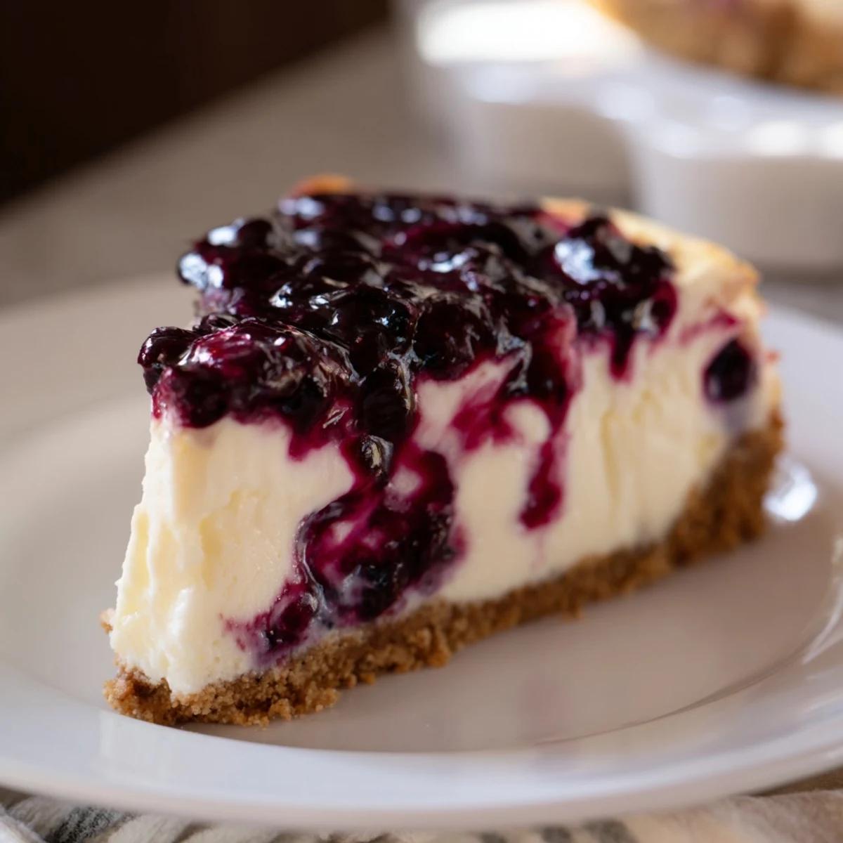 Sliced blueberry cheesecake recipe showcasing smooth filling and vibrant fruit topping on a plate.  